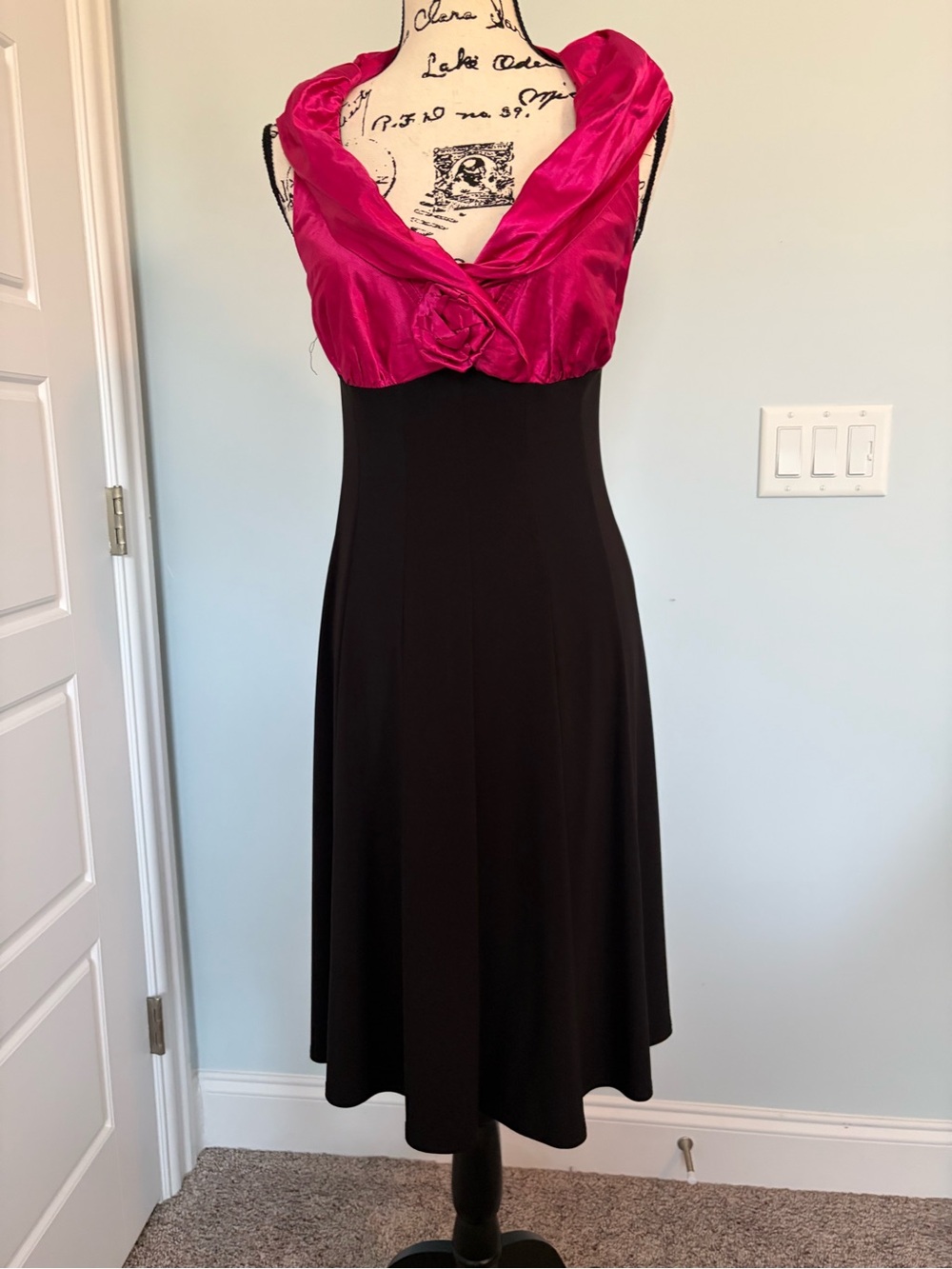 Joseph Ribkoff Fuchsia and Black Sleeveless Dress with Draped Bodice
